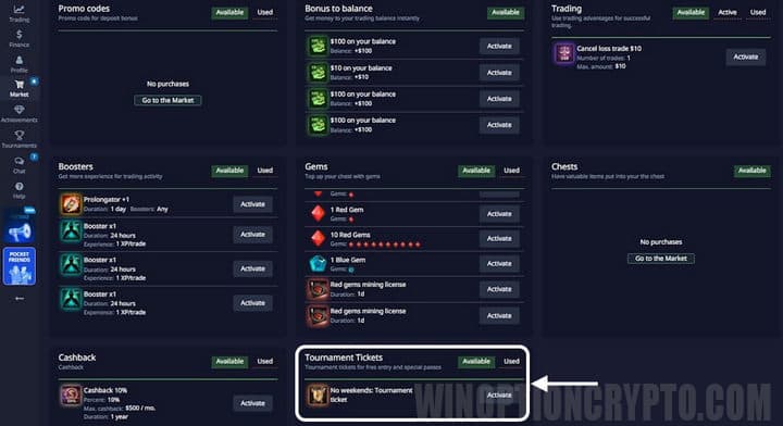tickets for Pocket Option tournaments