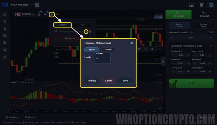 side menu in Forex MT5 from PocketOption