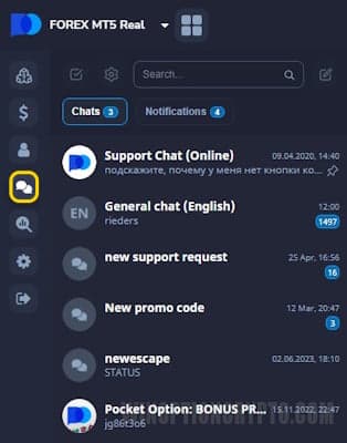 Forex MT5 support chat from PocketOption