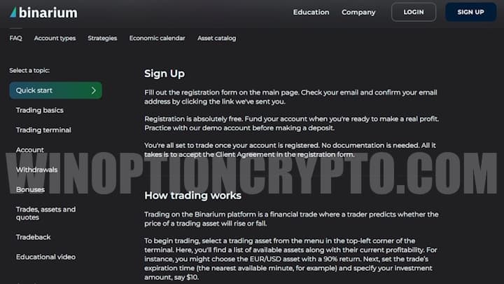 Help section on the Binarium website