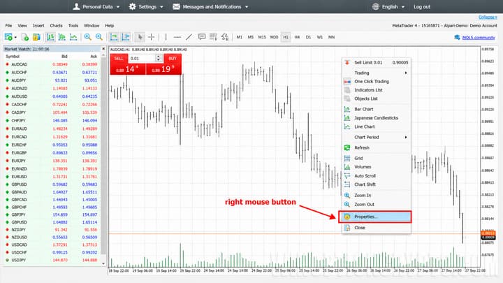 Setting chart parameters in MetaTrader 4