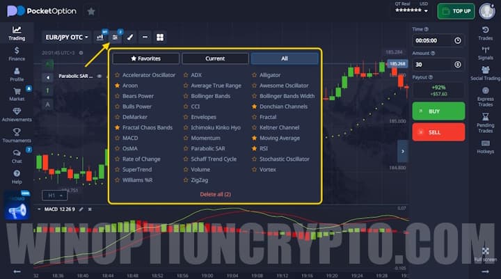 indicators on the Pocket Option platform