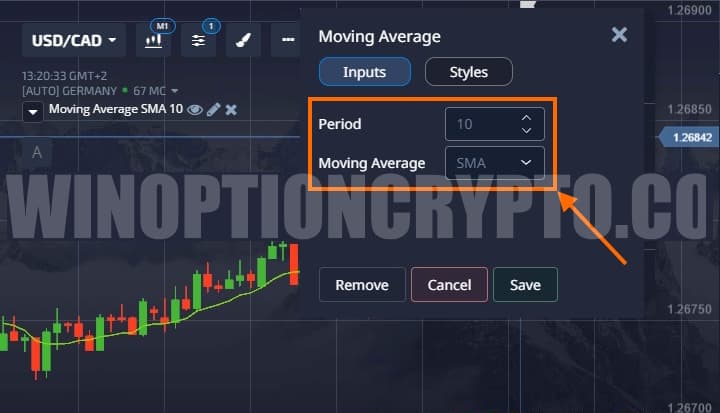 How to set the moving average period on the Pocket Option broker platform